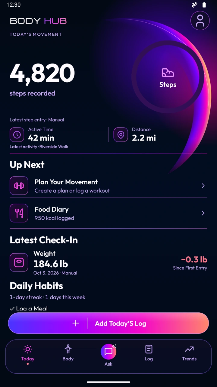 Body Hub Today screen with movement, activity and daily records