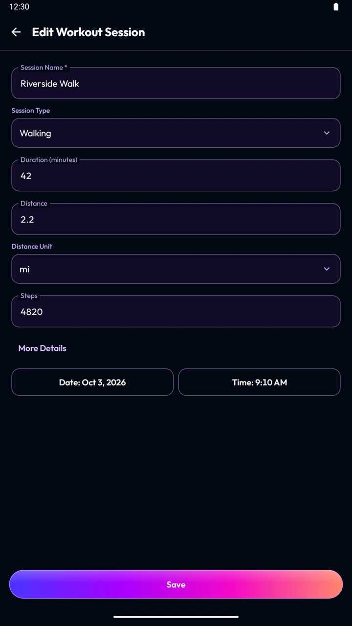 Body Hub workout screen with recorded duration, distance and steps